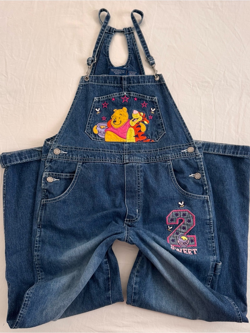 Winnie the Pooh Denim Overalls — Blue with Pink & Yellow Appliqué